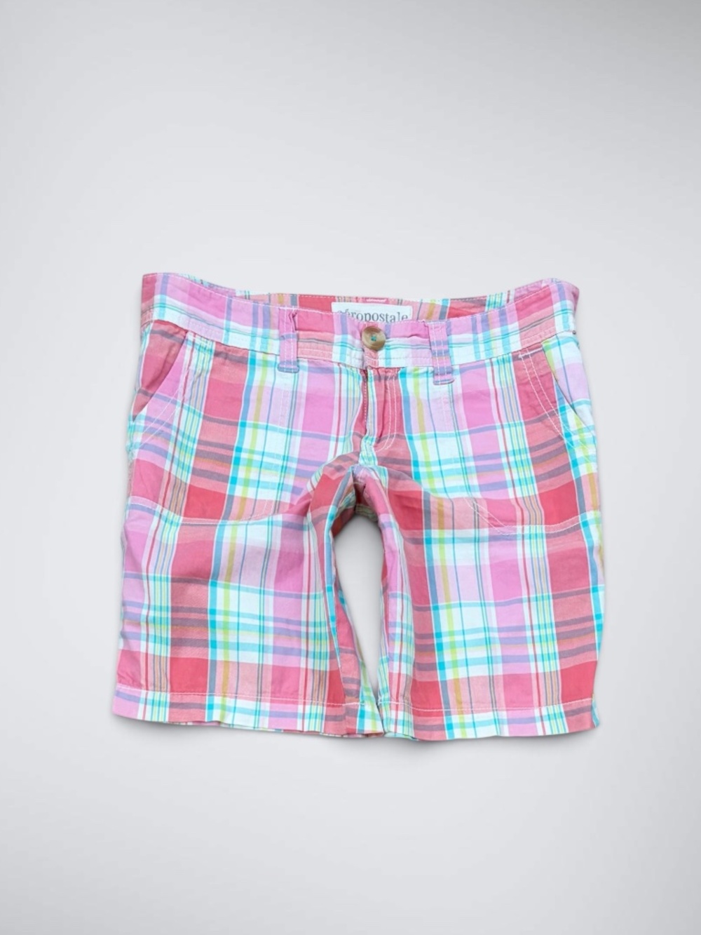 2000s Aeropostale Pink & Teal Plaid Low Rise Bermuda Shorts